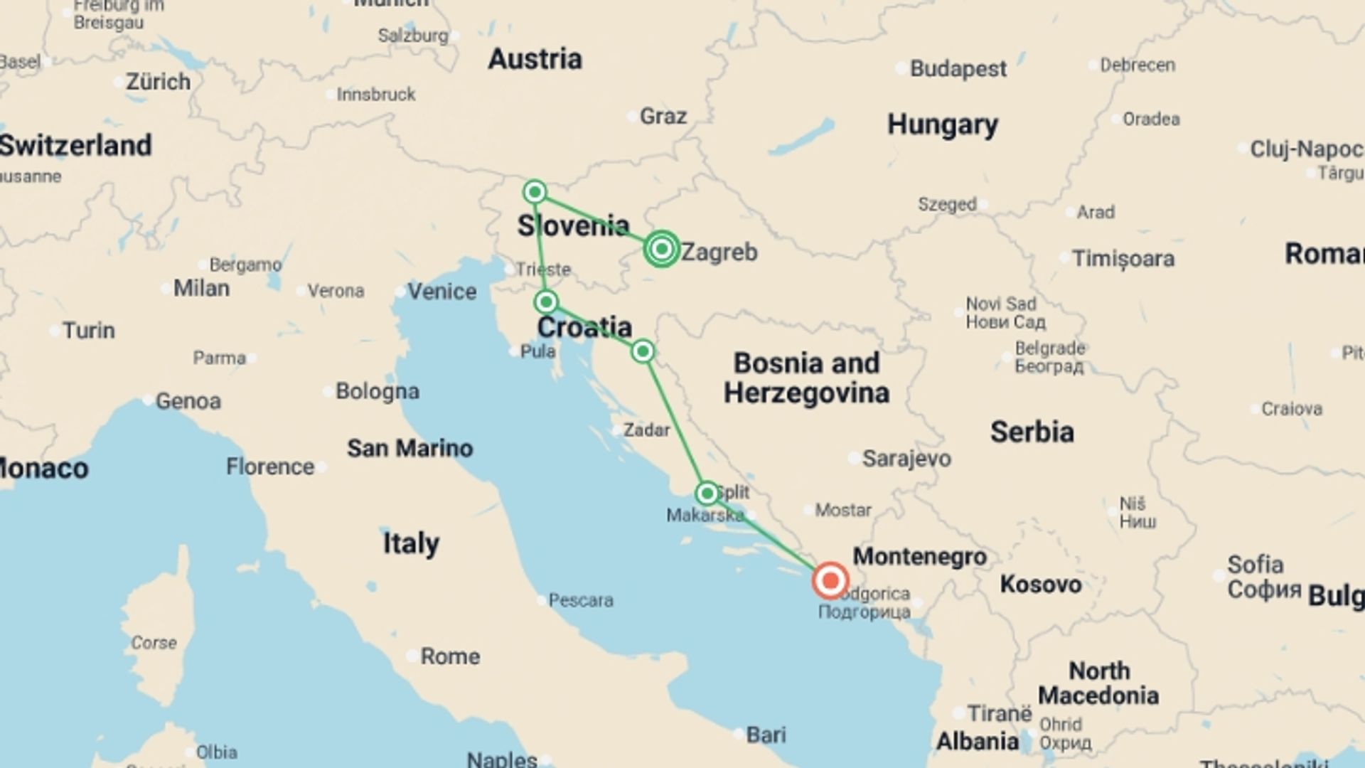 A map showing the tour itinerary for the trip: Best of Croatia and Slovenia, starting in Zagreb, Croatia and ending in Dubrovnik, Croatia going through 4 other destinations.