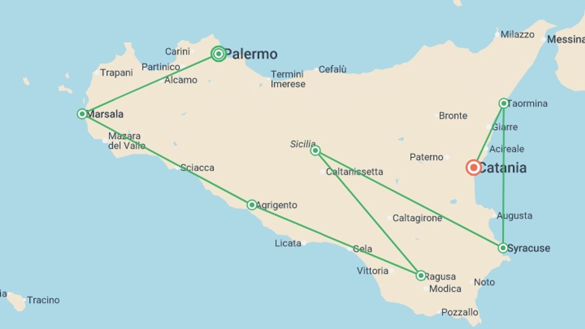 A map showing the tour itinerary for the trip: Sicily in Depth - Small Group, starting in Palermo, Italy and ending in Catania, Italy going through 5 other destinations.