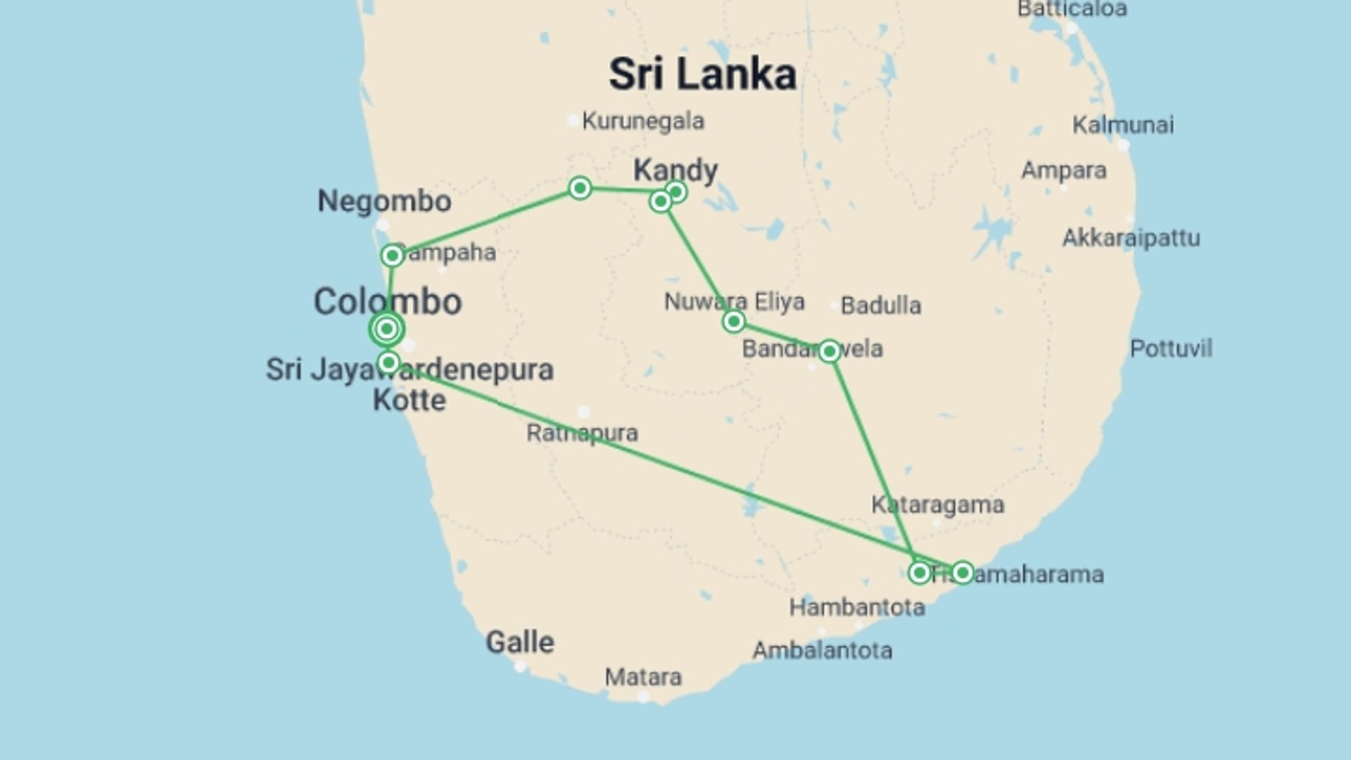 A map showing the tour itinerary for the trip: Sri Lanka Highlights, starting in Colombo, Sri Lanka and ending in Colombo, Sri Lanka going through 5 other destinations.