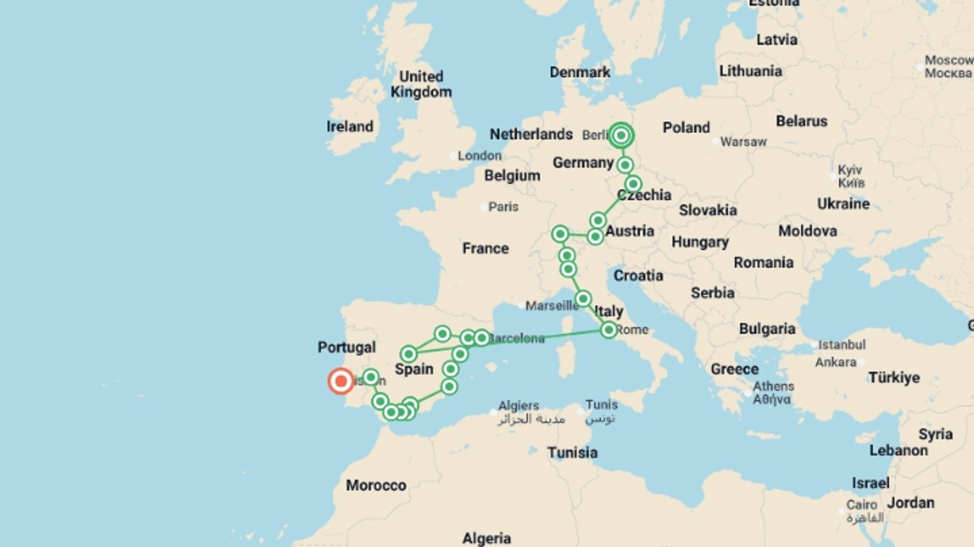 A map showing the tour itinerary for the trip: Continental Europe, starting in Berlin, Germany and ending in Lisbon, Portugal going through 10 other destinations.