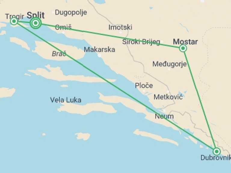 Map of 8-Day Split Tour with 4 destination visits for the trip: Discover Hidden Gems Of Split, Mostar, Medjugorje And Dubrovnik, Self-drive