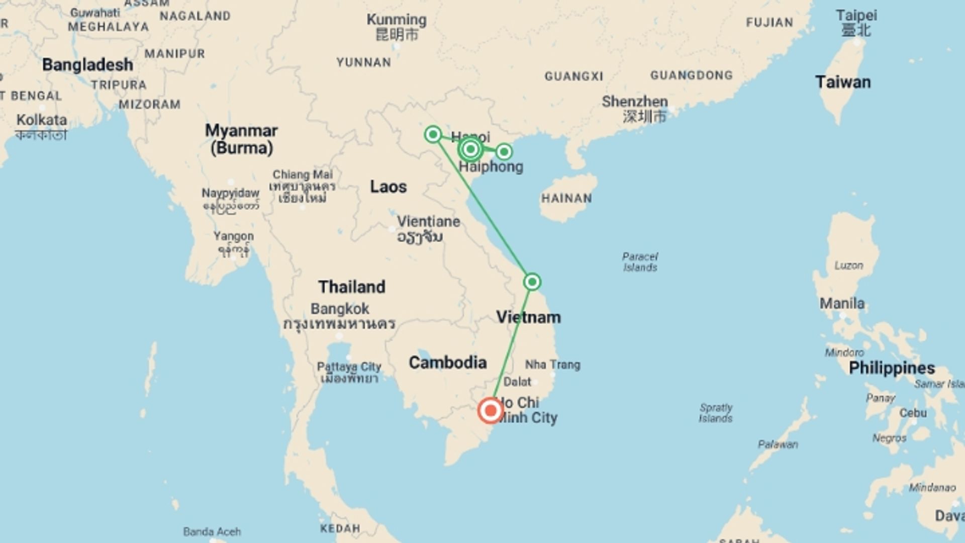 A map showing the tour itinerary for the trip: Vietnam: Hanoi, Halong Bay & Trekking Pu Luong, starting in Hanoi, Vietnam and ending in Ho Chi Minh City, Vietnam going through 3 other destinations.