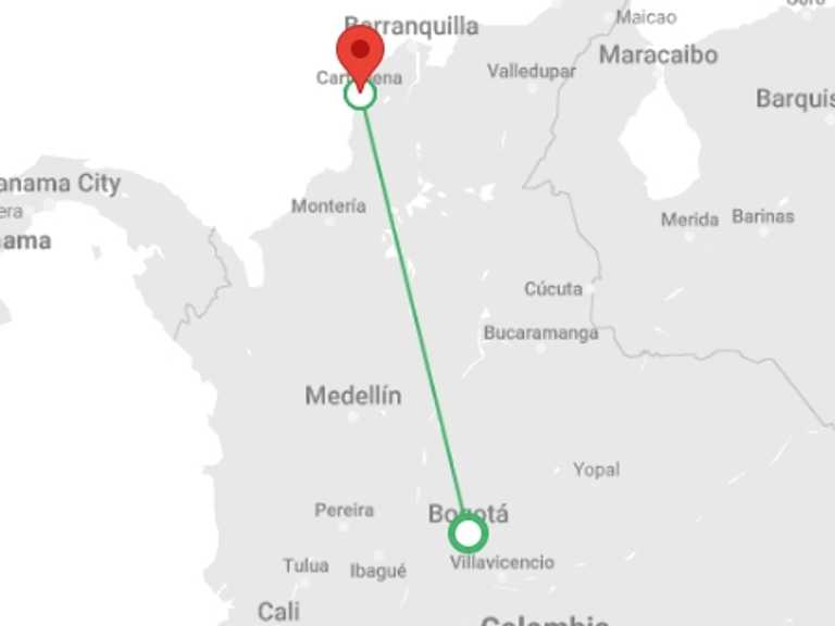 Map itinerary of Bogota Tour in October 2025 with 2 destination visits for the trip: Picturesque Solo Bogota and Cartagena Tour