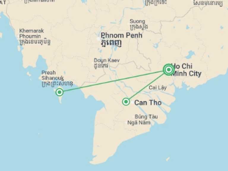 Map itinerary of Asia Tour in August 2026 with 2 destination visits for the trip: Saigon, Mekong & Phu Quoc Beach Break (Superior) - 9 days