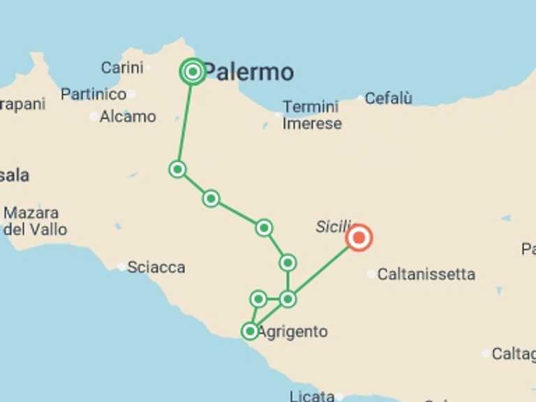 Map itinerary of Mediterranean Tour in September 2026 with 8 destination visits for the trip: Sicily - Magna Via Francigena