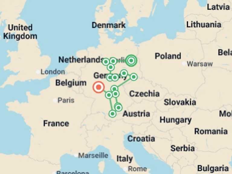 Map of 9-Day Berlin Tour with 7 destination visits for the trip: Full Germany Circuit with Berlin, Ending in Frankfurt