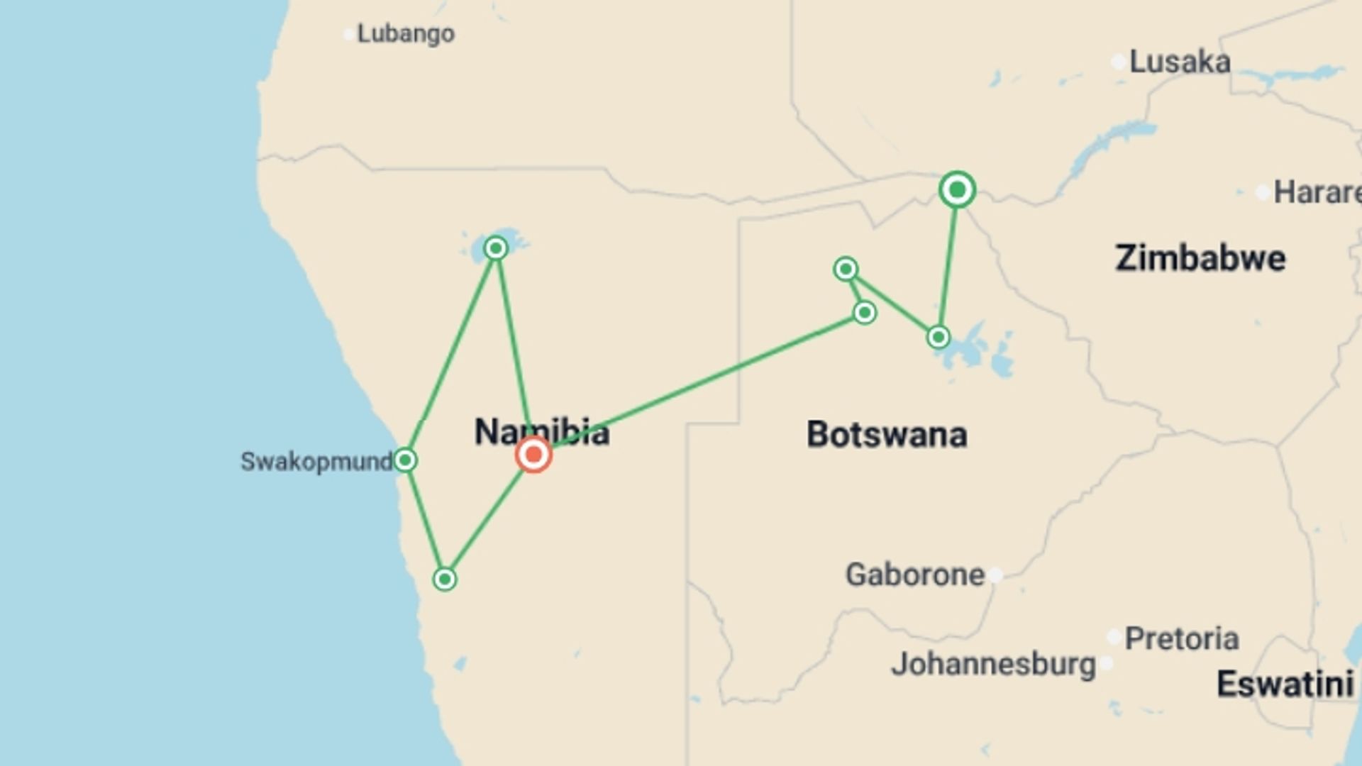 A map showing the tour itinerary for the trip: Okavango Delta and Deserts 35 to 45, starting in Kasane, Botswana and ending in Windhoek, Namibia going through 6 other destinations.