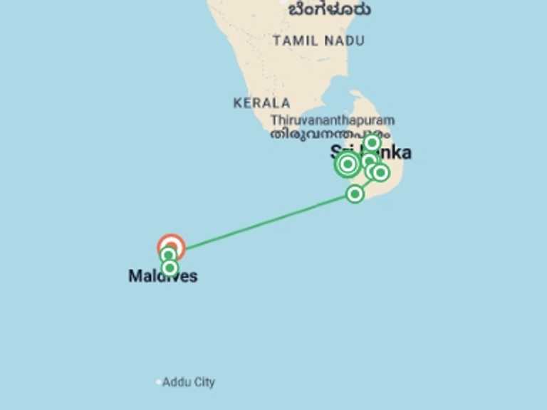 Map of Ella Tour with 10 destination visits for the trip: Sri Lanka with Maldives Cruise: Spice Gardens & Seasides