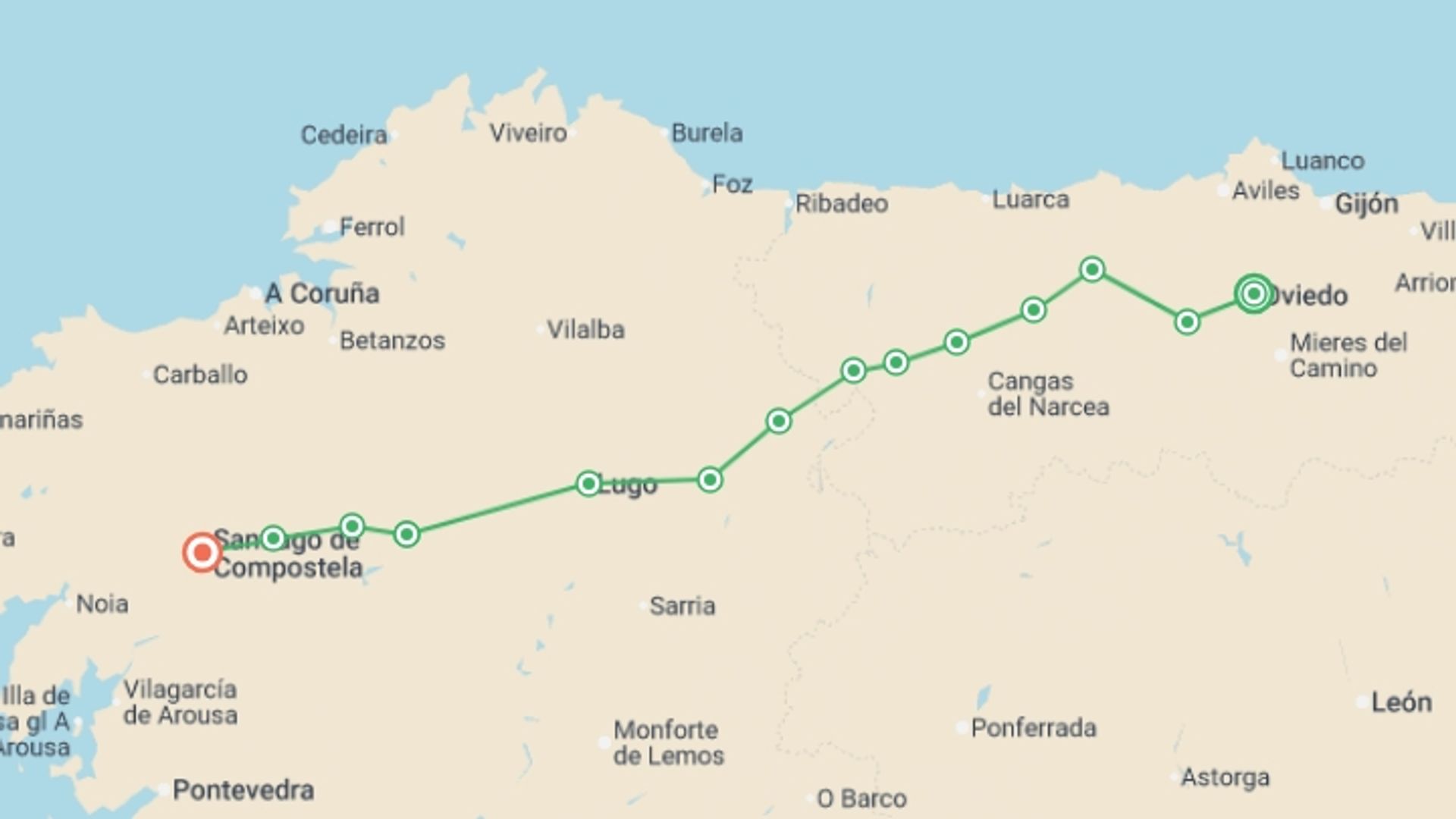A map showing the tour itinerary for the trip: Camino de Santiago From Oviedo - 16 days, starting in Oviedo, Spain and ending in Santiago De Compostela, Spain going through 12 other destinations.
