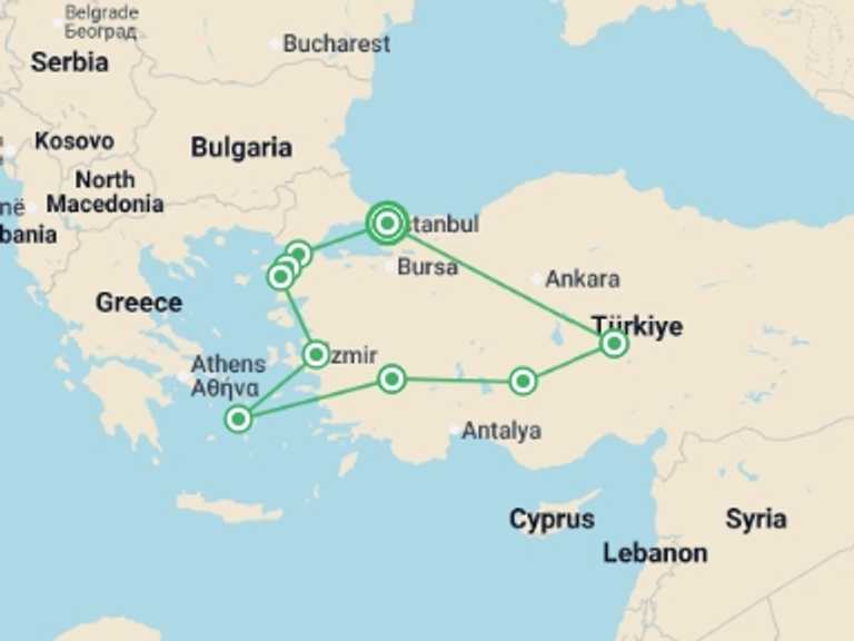 Map of 10-Day Turkey Tour with 6 destination visits for the trip: Highlights of Turkey