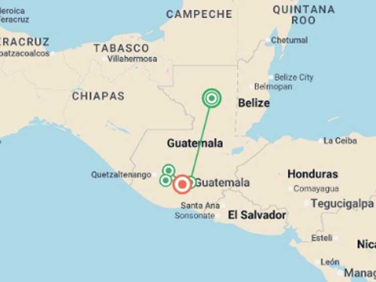Map itinerary of North America Tour in December 2026 with 5 destination visits for the trip: Guatemala: See & Experience it all in 8 days, Luxury Tour
