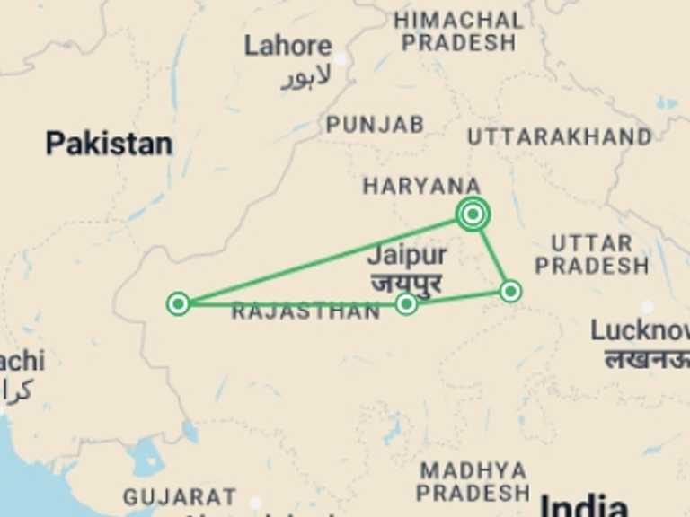 Map itinerary of India Tour in September 2027 with 4 destination visits for the trip: 7 Days Tour of Delhi, Agra, Jaipur & Jaisalmer