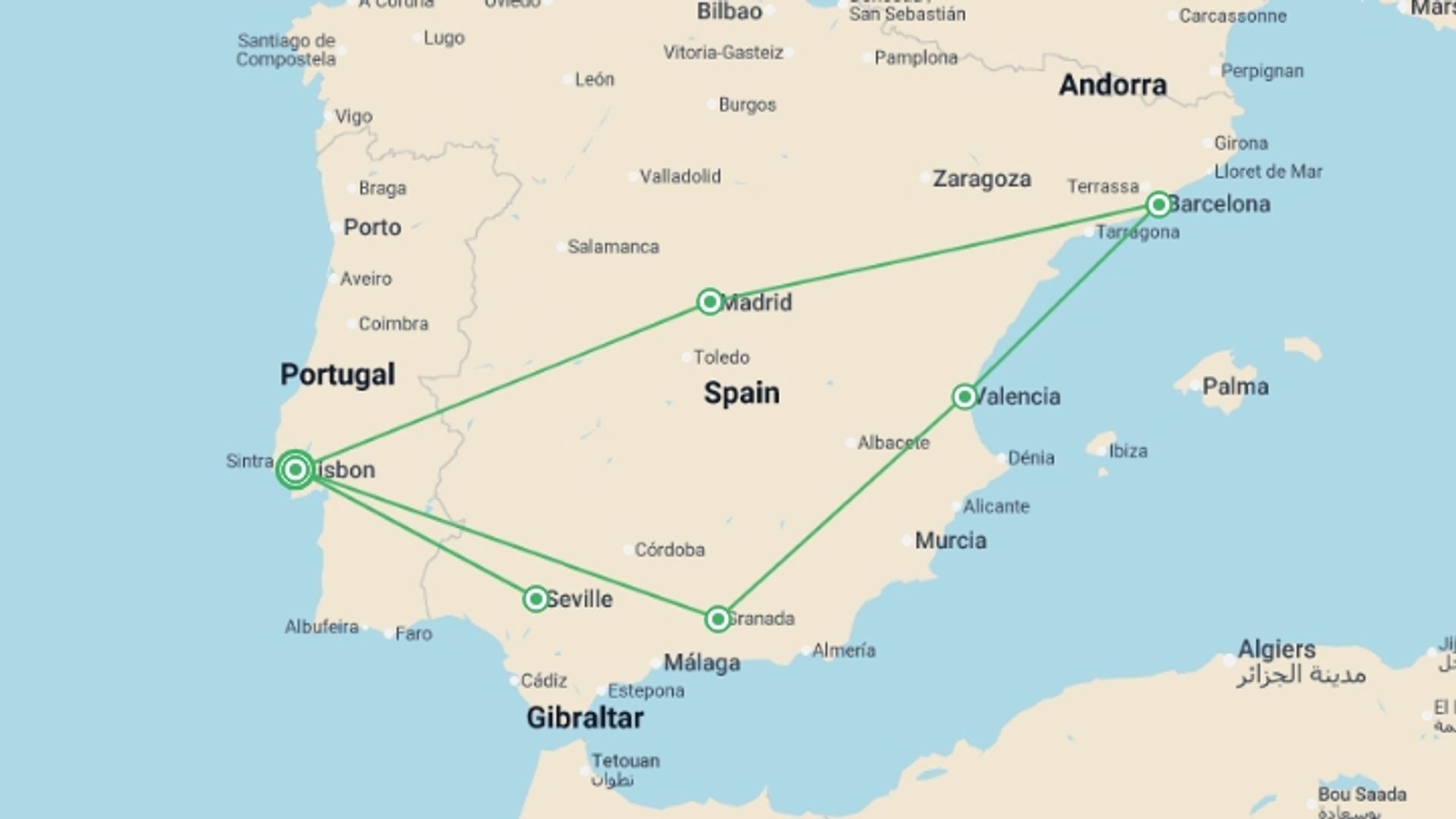 A map showing the tour itinerary for the trip: Spanish soul and Lisbon, starting in Lisbon, Portugal and ending in Lisbon, Portugal going through 5 other destinations.
