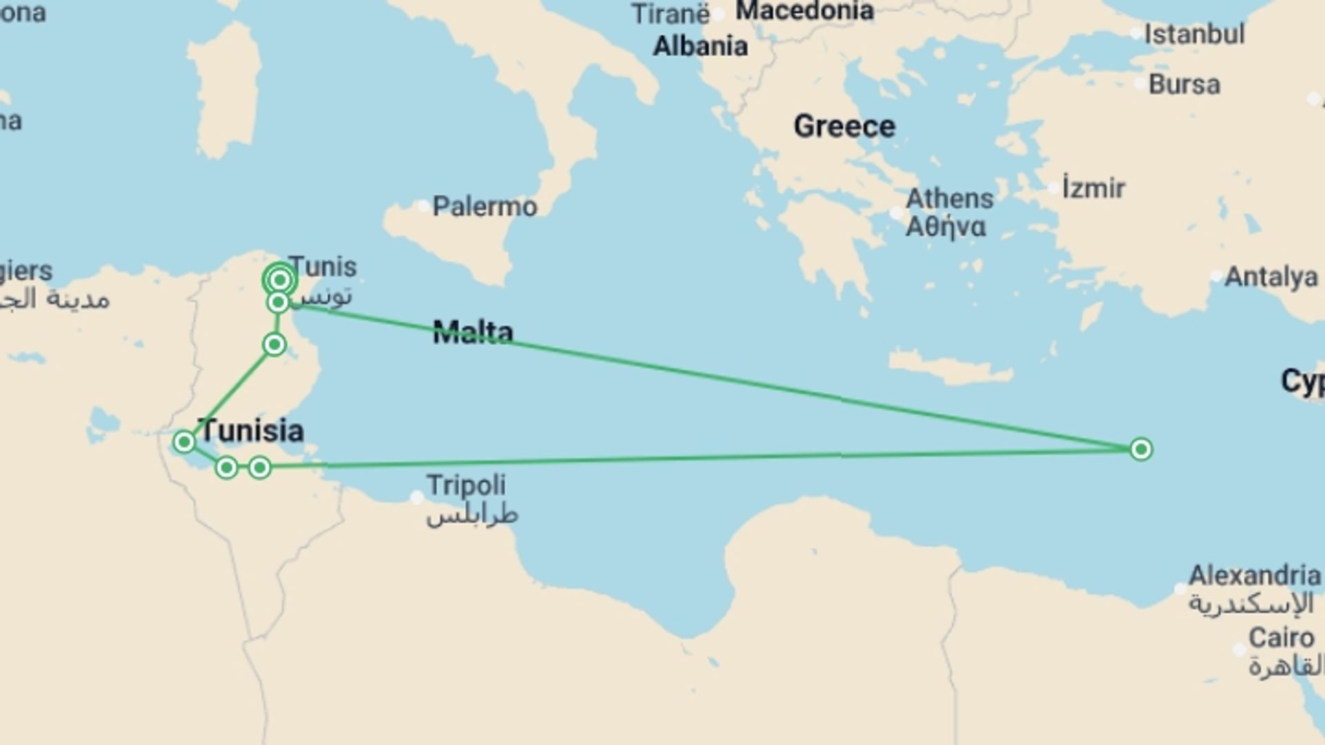 A map showing the tour itinerary for the trip: Best of Tunisia, starting in Tunis, Tunisia and ending in Tunis, Tunisia going through 6 other destinations.