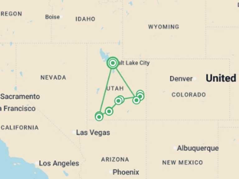 Map of a Sightseeing Tour with 6 destination visits for the trip: Utah's Mighty Five From Salt Lake City - 8 days