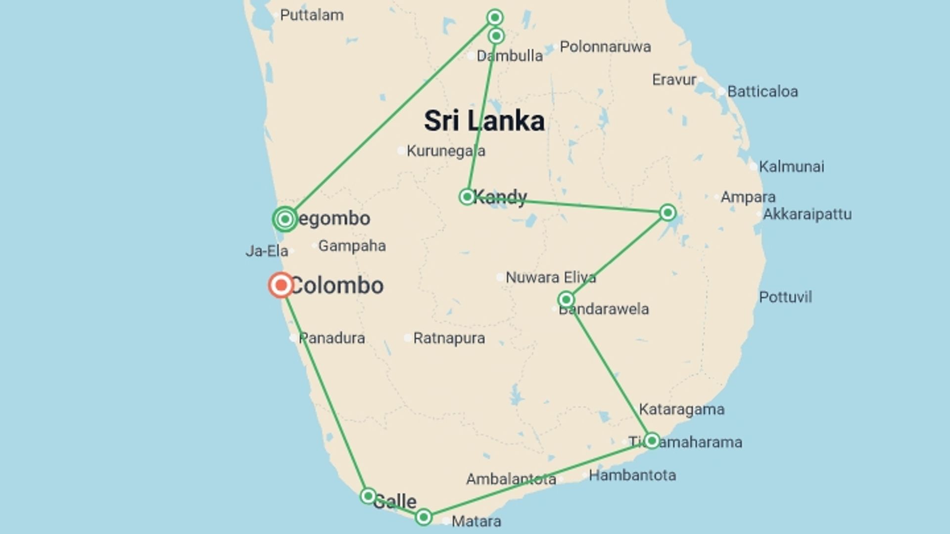 A map showing the tour itinerary for the trip: Sri Lanka: Wonders & Wildlife – Premium Adventure, starting in Negombo, Sri Lanka and ending in Colombo, Sri Lanka going through 8 other destinations.