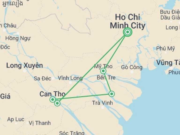 Map itinerary of Ho Chi Minh City Tour in October 2026 with 3 destination visits for the trip: My Tho Boat Trip and Cai Rang Floating Market- 2 Days