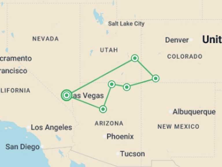 Map itinerary of North America Tour in Fall with 6 destination visits for the trip: Canyon Country Showcase