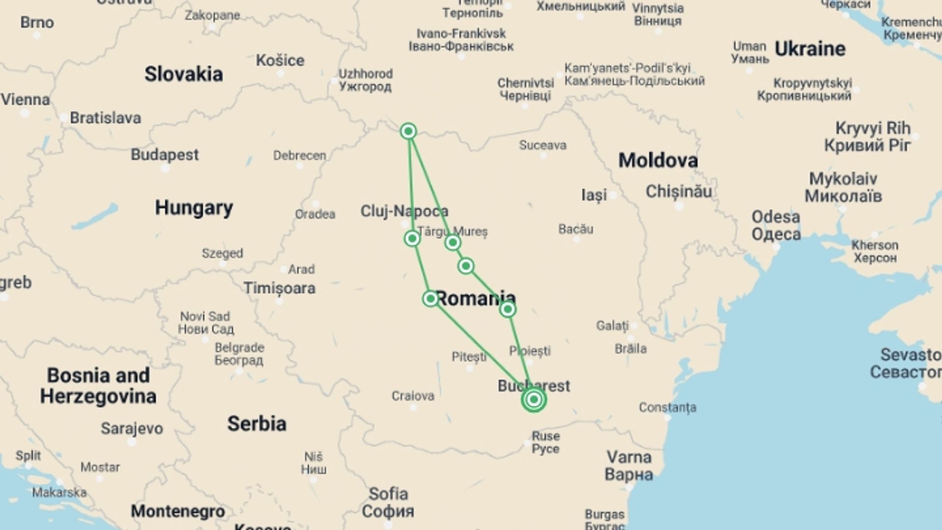 A map showing the tour itinerary for the trip: Classic Romania Tour, starting in Bucharest, Romania and ending in Bucharest, Romania going through 7 other destinations.