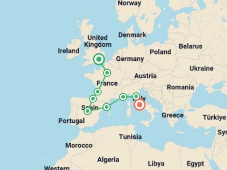 Map of London Natural landmarks sightseeing Tour with 9 destination visits for the trip: Mediterranean Journey