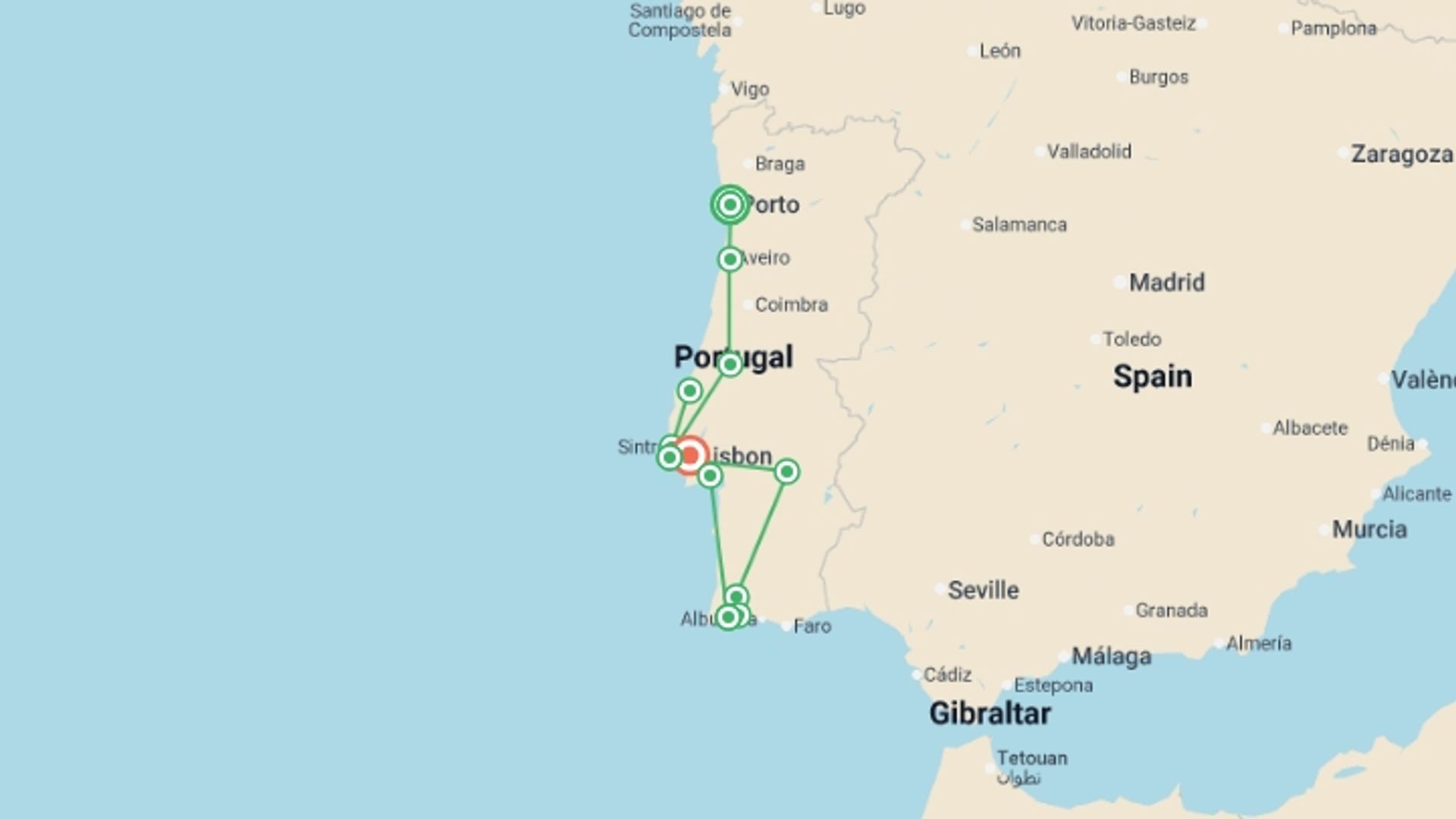 A map showing the tour itinerary for the trip: Splendid Portugal: From Porto to Algarve, starting in Porto, Portugal and ending in Lisbon, Portugal going through 3 other destinations.