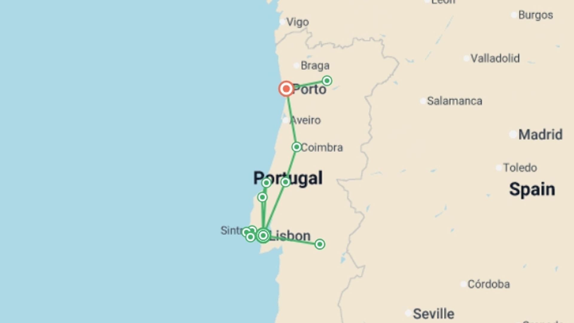 A map showing the tour itinerary for the trip: Captivating Portugal - 9 days, starting in Lisbon, Portugal and ending in Porto, Portugal going through 1 other destinations.