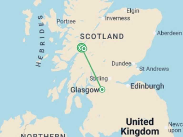 Map itinerary of Europe Tour in July 2026 with 3 destination visits for the trip: Classic Walks of Scotland