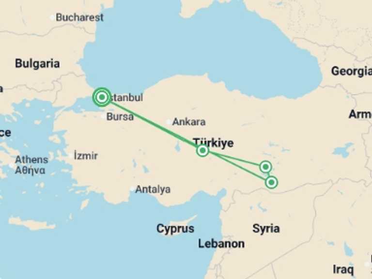 Map of 9-Day Cappadocia Tour with 4 destination visits for the trip: Eastern Turkey Encounters