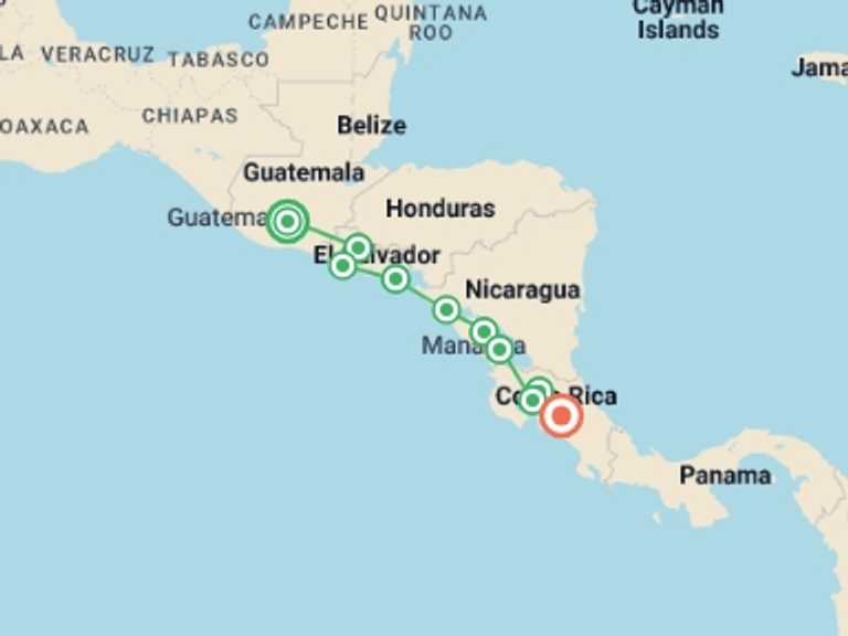 Map of North America Tour with 11 destination visits for the trip: Real Guatemala to Costa Rica