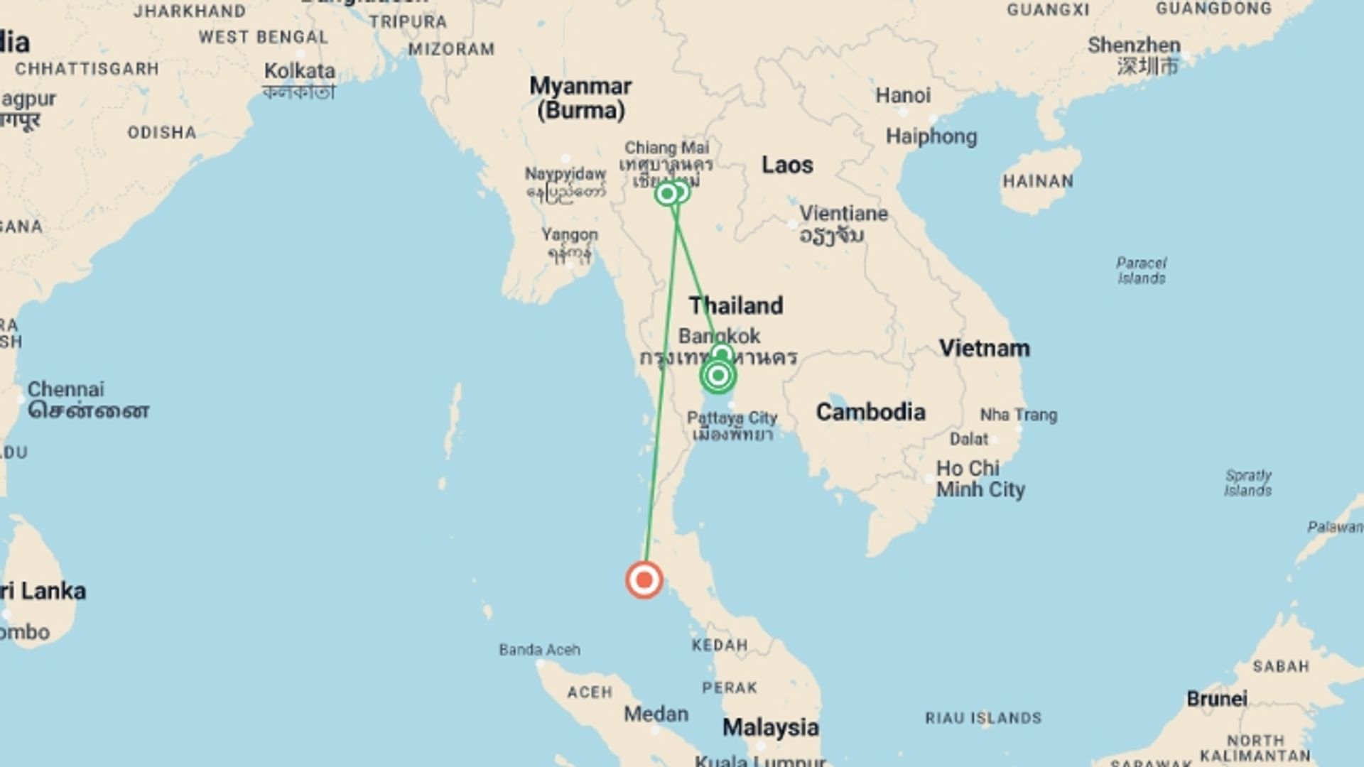 A map showing the tour itinerary for the trip: A 13 Days Exquisite Thailand Adventure, starting in Bangkok, Thailand and ending in Phuket, Thailand going through 3 other destinations.