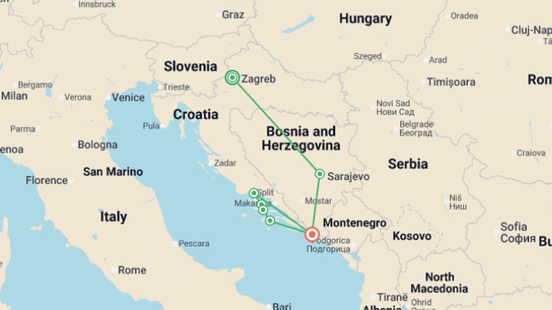 A map showing the tour itinerary for the trip: Croatia and the Islands of the Dalmatian Coast, starting in Zagreb, Croatia and ending in Dubrovnik, Croatia going through 5 other destinations.