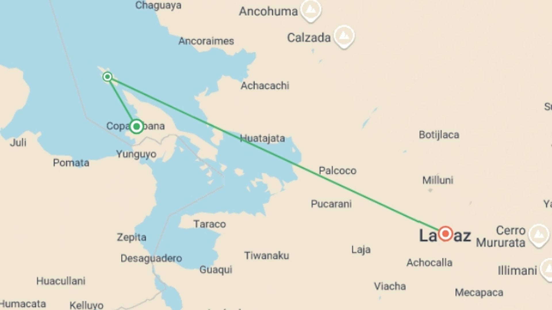 A map showing the tour itinerary for the trip: Lake Titicaca & Isla del Sol Adventure 2D/1N (Copacabana to La Paz), starting in Copacabana, Bolivia and ending in La Paz, Bolivia going through 1 other destinations.