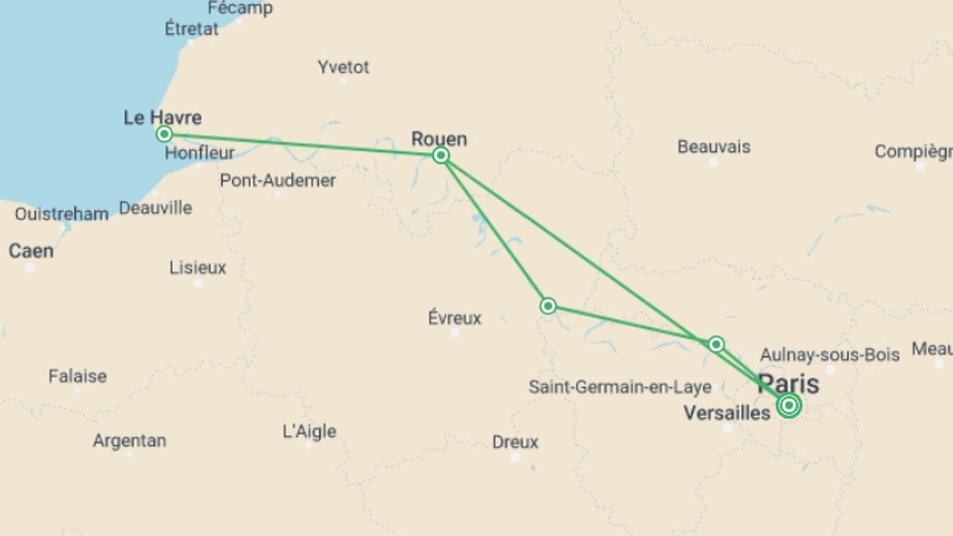 A map showing the tour itinerary for the trip: Picturesque Solo Seine Cruise, starting in Paris, France and ending in CONFLANS-SAINTE-HONORINE, CONFLANS-SAINTE-HONORINE going through 3 other destinations.