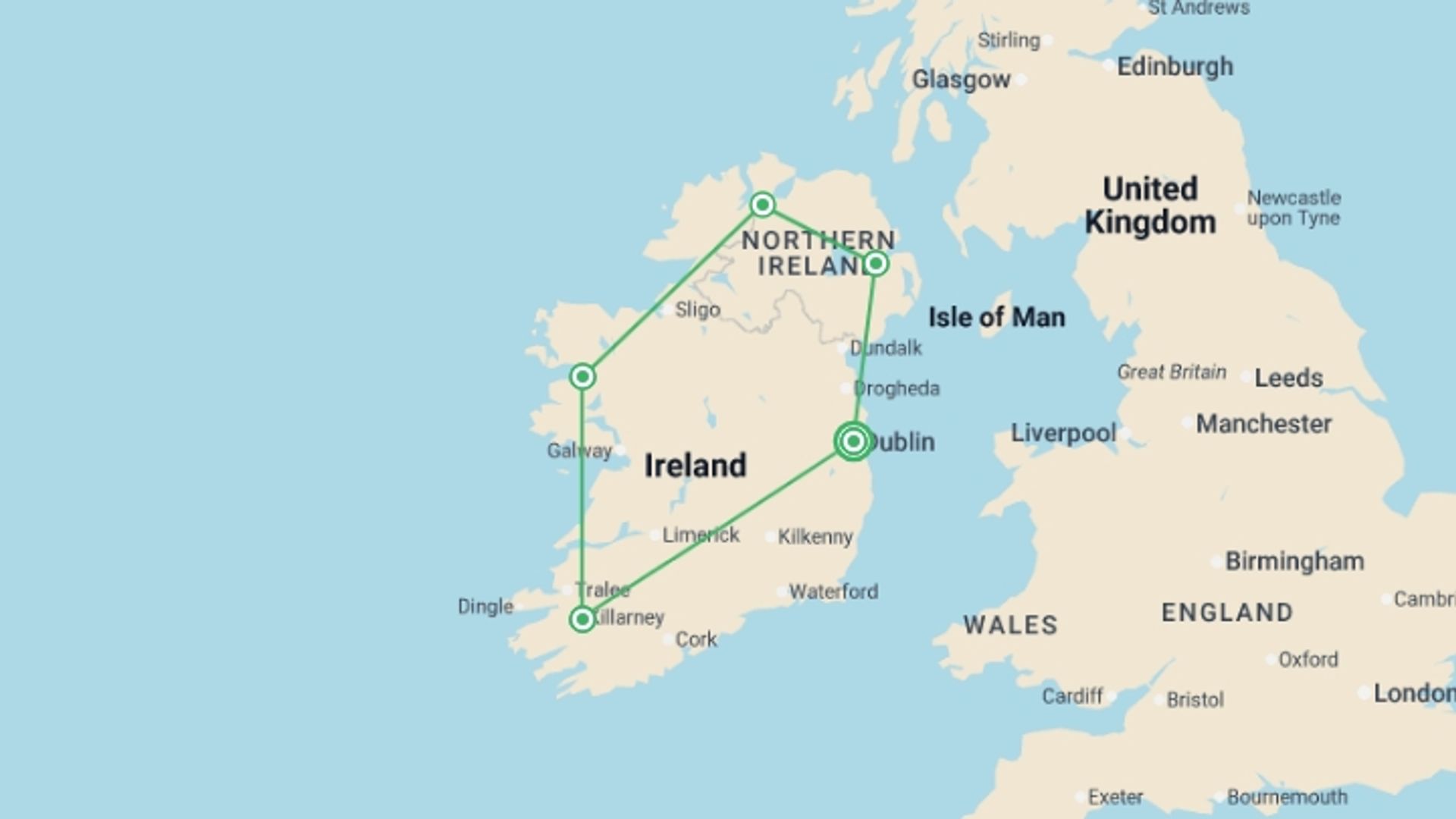 A map showing the tour itinerary for the trip: Incredible Ireland, starting in Dublin, Ireland and ending in Dublin, Ireland going through 4 other destinations.