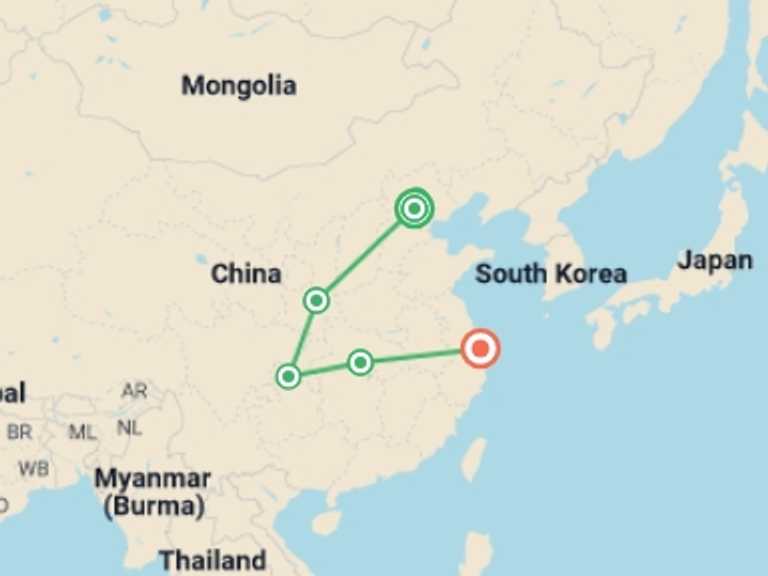 Map of 11-Day China Tour with 5 destination visits for the trip: China through the Yangtze Small Group Tour: 11 Days