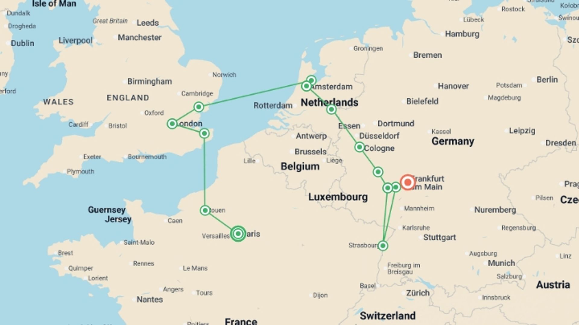 A map showing the tour itinerary for the trip: Paris, Romantic Rhine, Netherlands and Alsace Crucevita, starting in Paris, France and ending in undefined, Germany going through 6 other destinations.