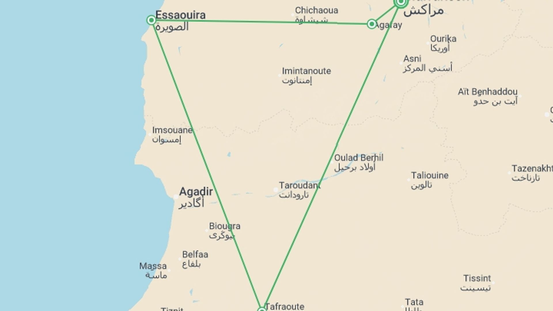 A map showing the tour itinerary for the trip: Morocco Express, starting in Marrakech, Morocco and ending in Marrakech, Morocco going through 3 other destinations.