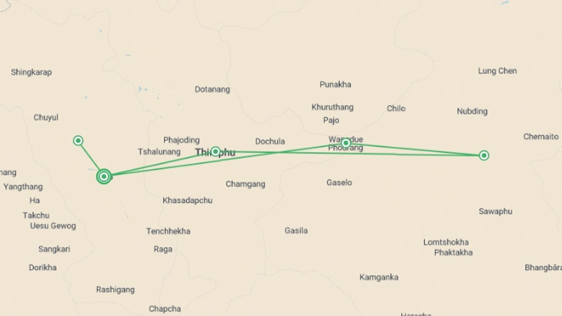 A map showing the tour itinerary for the trip: Western Bhutan Classic, starting in Paro, Bhutan and ending in Paro, Bhutan going through 5 other destinations.