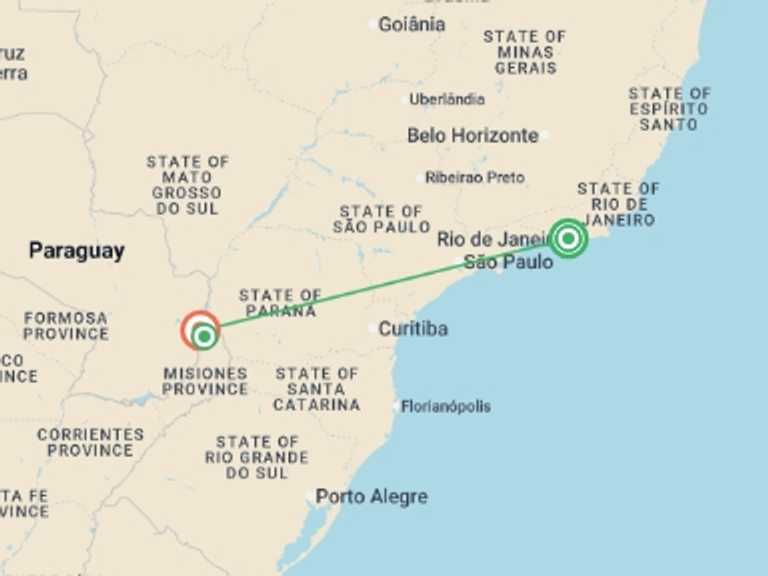 Map of South America Tour with 4 destination visits for the trip: Highlights of Rio & Iguazu (Superior) - 6 days