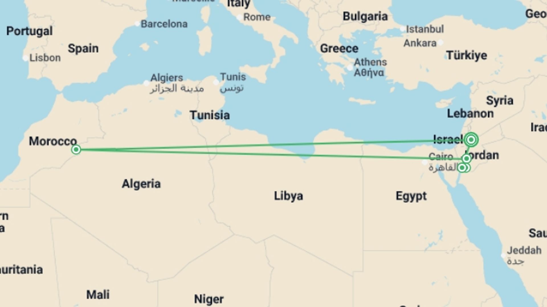 A map showing the tour itinerary for the trip: Jordan Explorer 10D/9N, starting in Amman, Jordan and ending in Amman, Jordan going through 4 other destinations.
