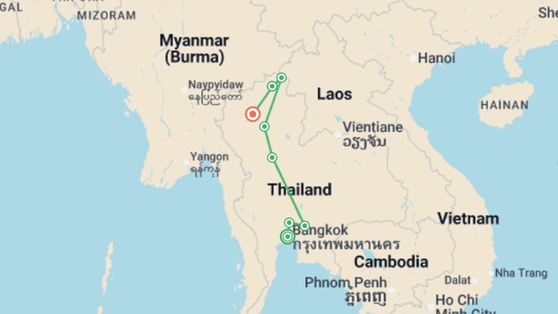 A map showing the tour itinerary for the trip: Thailand, Temples & Tribes - 10 days, starting in Bangkok, Thailand and ending in Chiang Mai, Thailand going through 6 other destinations.