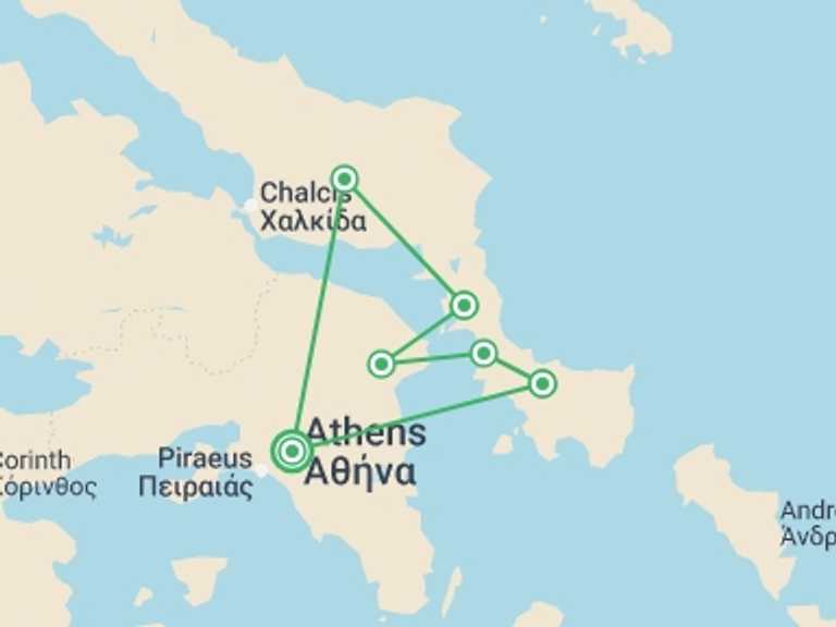 Map itinerary of Mediterranean Tour in July 2026 with 6 destination visits for the trip: Greek Island Cruise