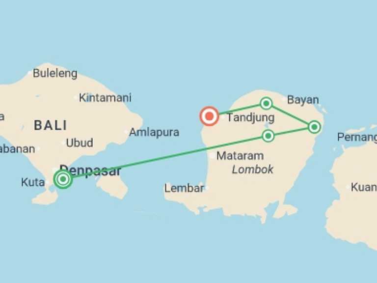 Map of Indonesia Countryside and village visits Tour with 7 destination visits for the trip: Discover Lombok