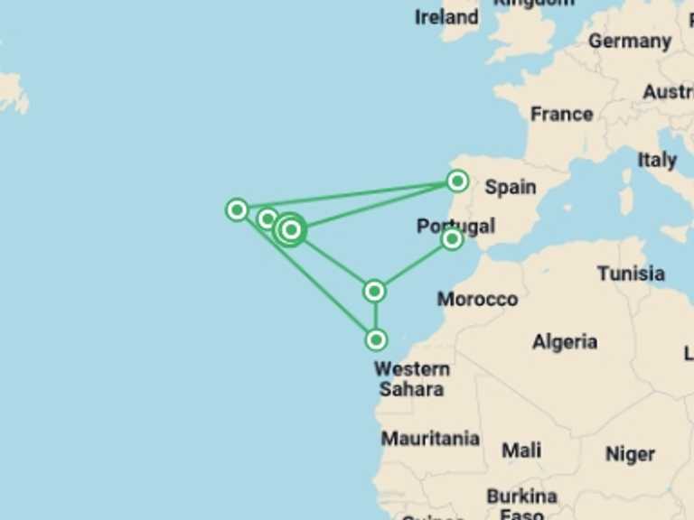 Map of 15-Day Europe Tour with 12 destination visits for the trip: Island Hopping in the Azores