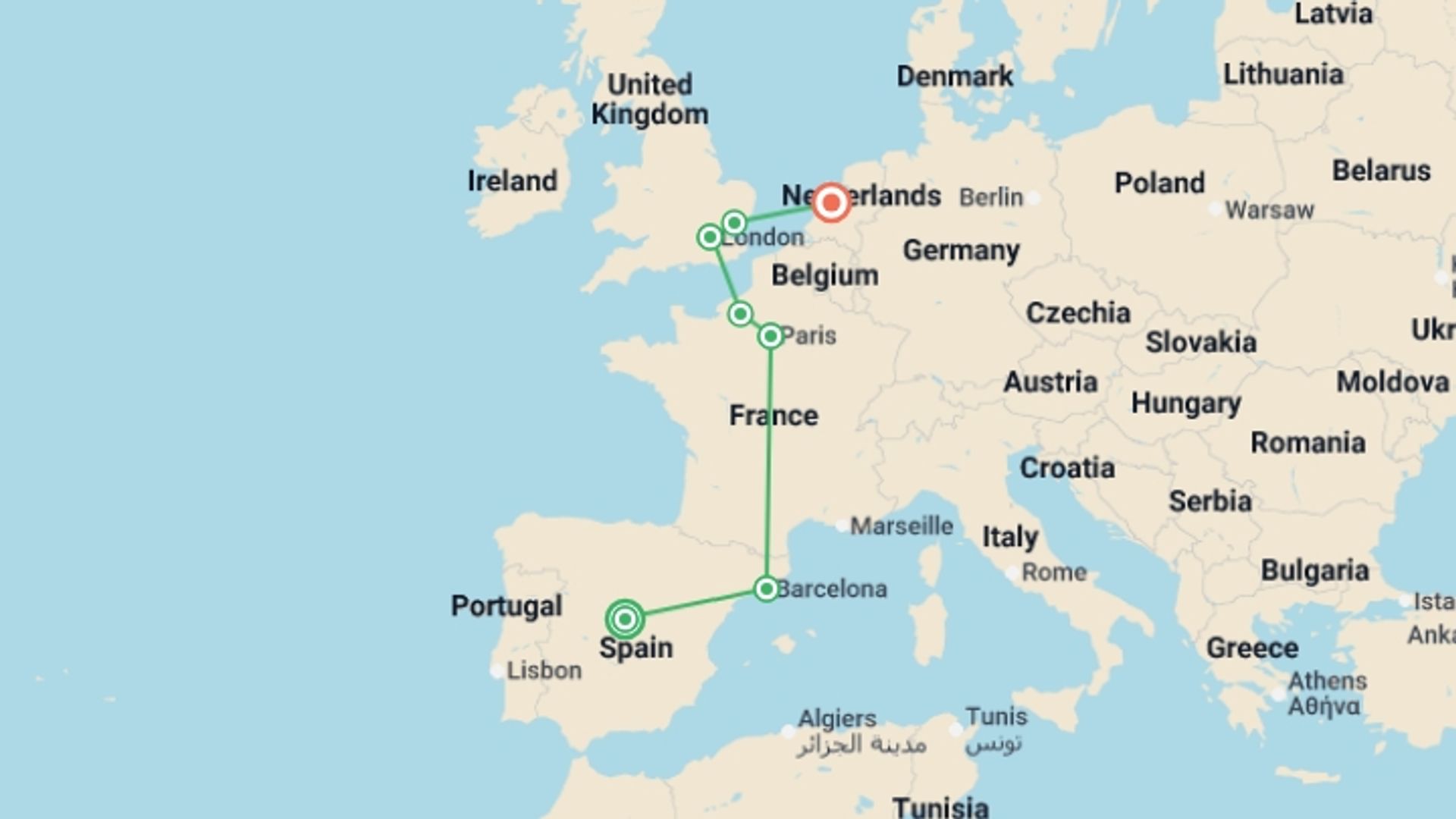 A map showing the tour itinerary for the trip: Modern Europe GO, starting in Madrid, Spain and ending in Amsterdam, Holland going through 5 other destinations.