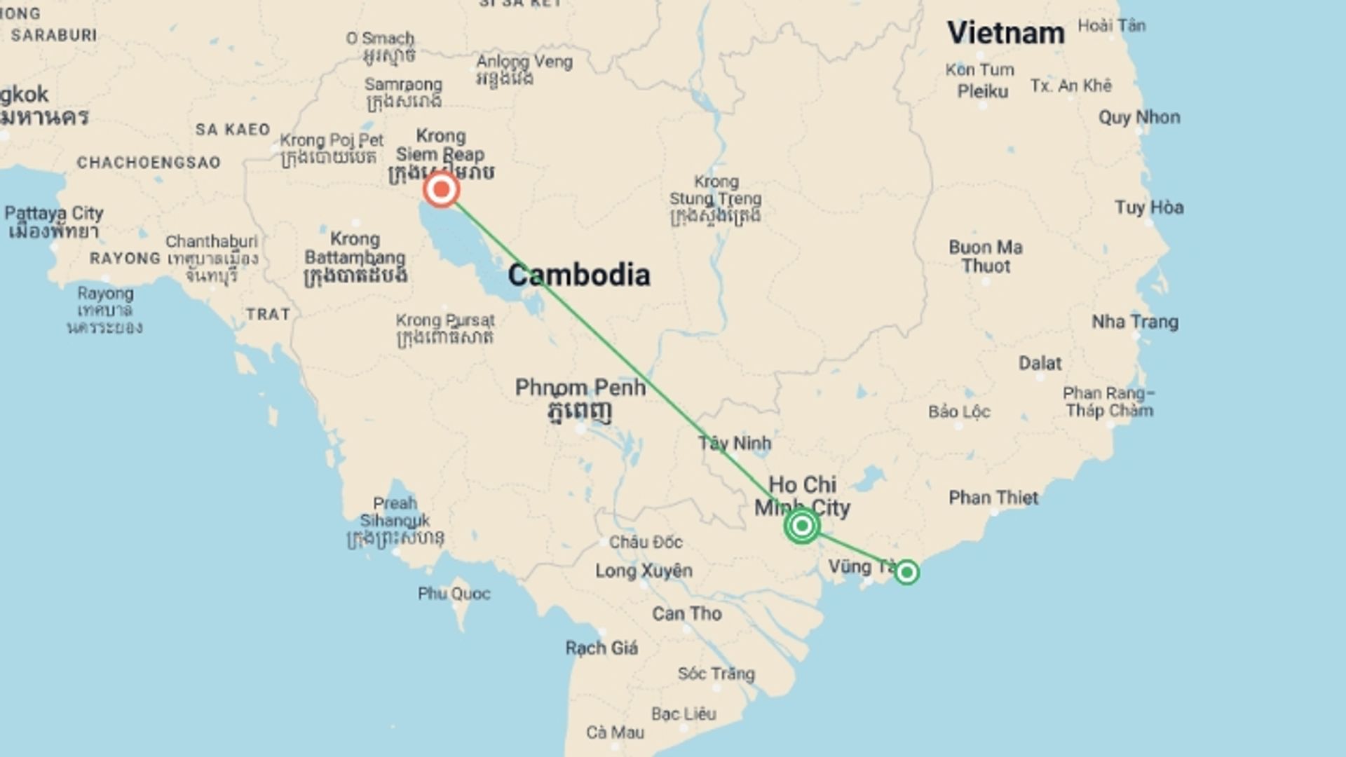 A map showing the tour itinerary for the trip: Vietnam Beach Escape and Siem Reap, starting in Ho Chi Minh City, Vietnam and ending in Siem Reap, Cambodia going through 2 other destinations.