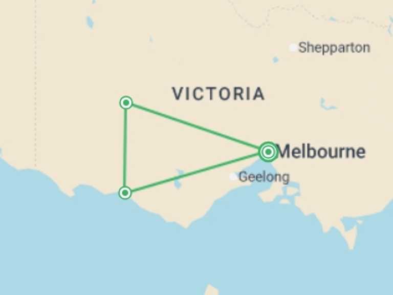 Map itinerary of Australia Tour in February 2027 with 3 destination visits for the trip: Best of the Great Ocean Road & Grampians - 3 days
