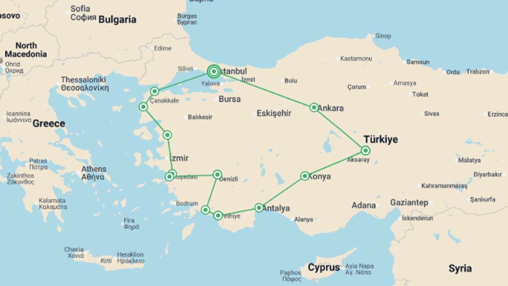 A map showing the tour itinerary for the trip: Flying Carpet Tour, starting in Istanbul, Turkey and ending in Istanbul, Turkey going through 13 other destinations.
