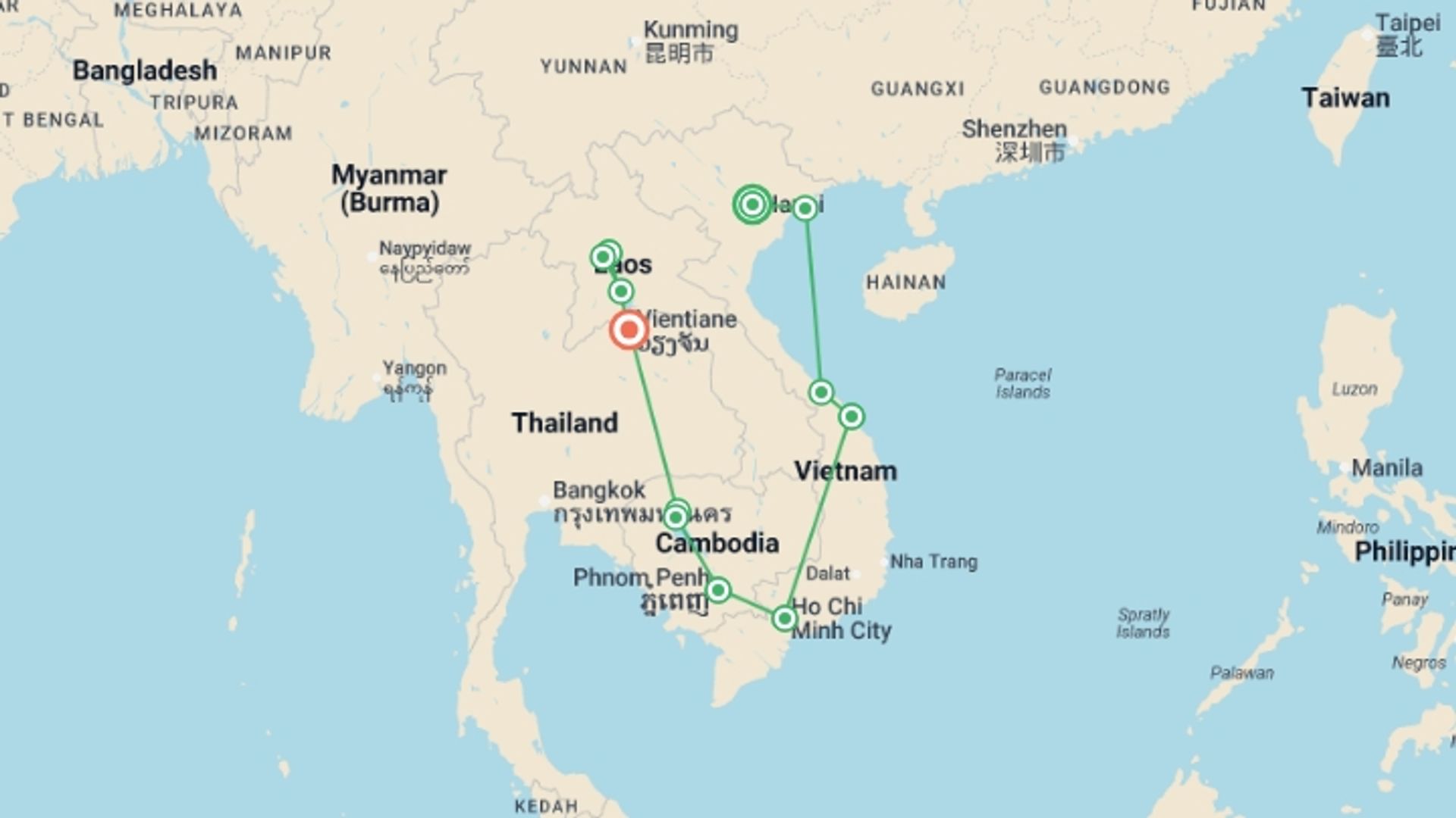 A map showing the tour itinerary for the trip: Vietnam, Cambodia & Northern Laos - 18 days, starting in Hanoi, Vietnam and ending in Vientiane, Laos going through 10 other destinations.