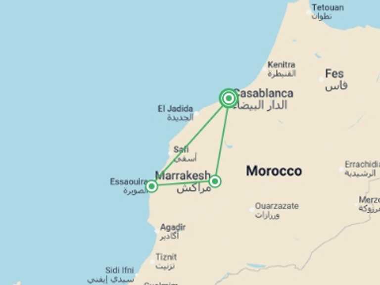 Map of Africa Tour with 3 destination visits for the trip: Casablanca & Coast - 7 days